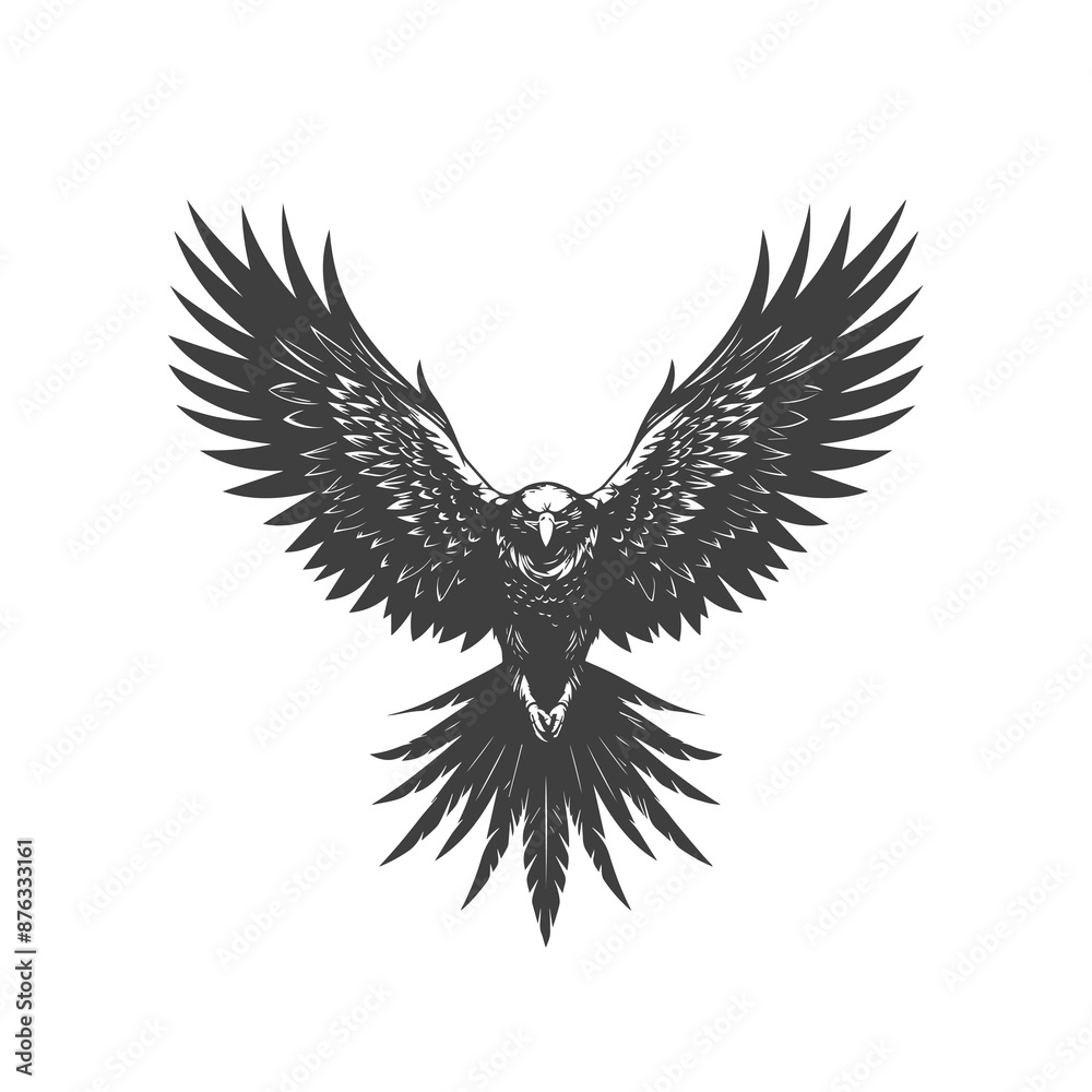 Fototapeta premium A wild eagle soars into the air, 2D. Eagle graphic image for advertising concepts, logos, and stickers. Vector