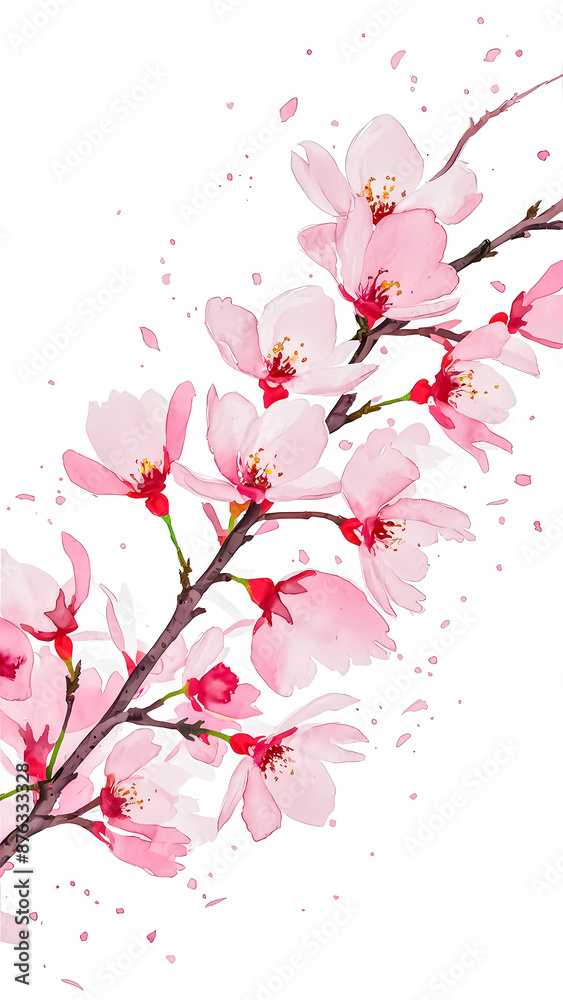 Fototapeta premium Serene Watercolor Cherry Blossoms: Elegant Springtime Illustration for Greeting Cards, Postcards, and Stationery – Perfect for Women’s Day, Mother’s Day, and Spring Celebrations
