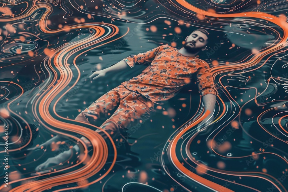 Obraz premium A man floats effortlessly on a surface of swirling, abstract patterns, his eyes closed and his expression serene