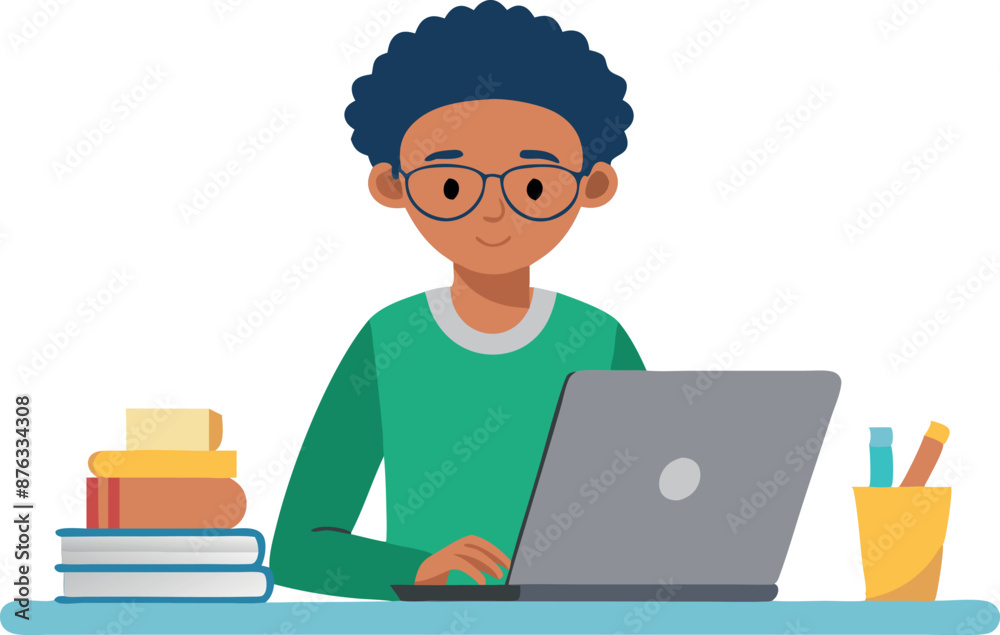 Young Boy Studying With Laptop And Books At Desk Young Boy Studying With Laptop And Books At Desk