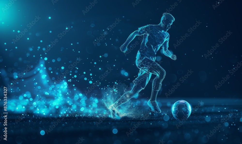 Obraz premium Futuristic digital illustration of a soccer player dribbling a ball with glowing blue effects