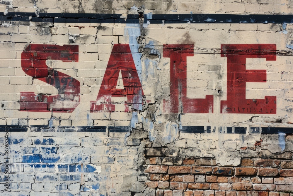 Fototapeta premium A red SALE sign is painted on a brick wall, showing the passage of time with its fading paint and chipped edges