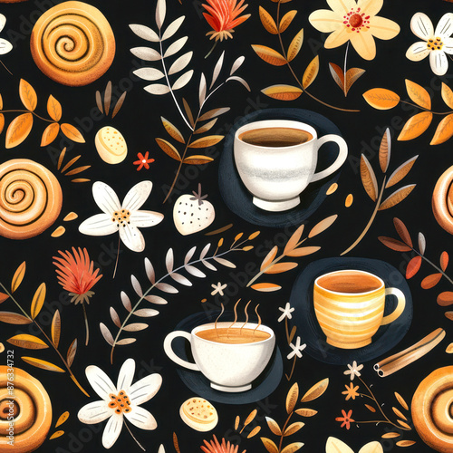 Charming fall coffee theme featuring cups, flowers, buns and autumn leaves in warm tones on dark background. Fika time seamless pattern