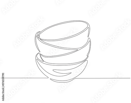 Continuous one line drawing of stack of bowls. One line drawing illustration of piles of bowls. kitchen set concept line art. Editable outline.
