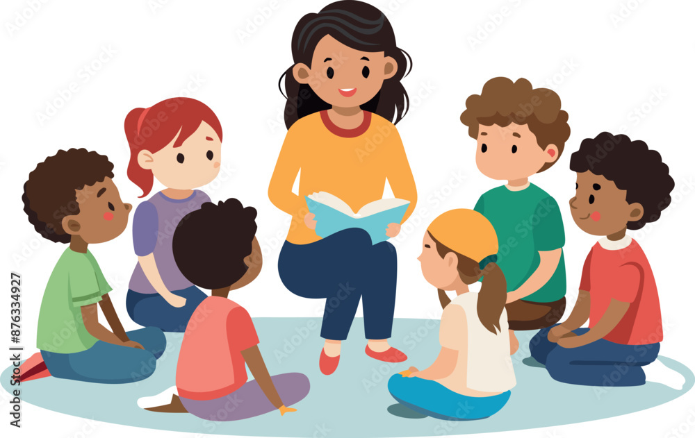 Teacher Reading Book to Group of Children in Circle