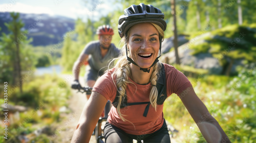 Portrait of a biking young scandinavian couple biking exercising in a scandinavian summer rural landscape. Portrait of a biking young scandinavian couple biking exercising in a scandinavian summer rural landscape.