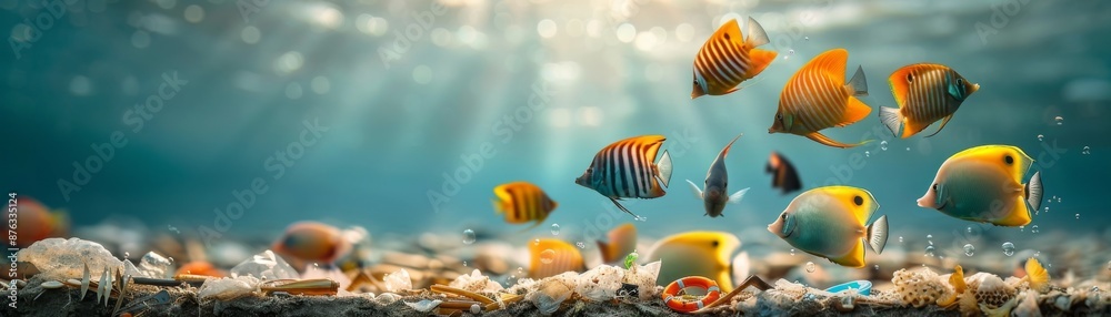 Vibrant Tropical Fish Obscured by a Haze of Plastic Pollution in the Cinematic Underwater World Vibrant Tropical Fish Obscured by a Haze of Plastic Pollution in the Cinematic Underwater World