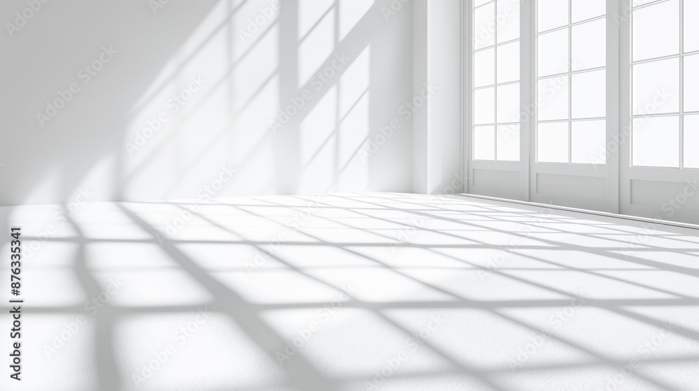 Empty sunlit room with large windows casting geometric shadows on the white walls and floor, showcasing a bright and spacious minimalist interior. Empty sunlit room with large windows casting geometric shadows on the white walls and floor, showcasing a bright and spacious minimalist interior.