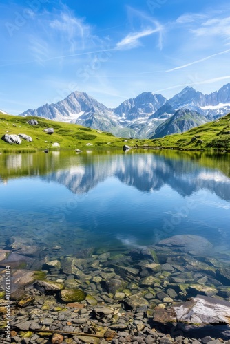 A tranquil mountain lake reflecting the surrounding peaks and a clear blue sky, providing a calming and beautiful setting for the podium © EC Tech 
