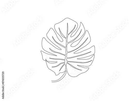 Continuous one line drawing of monstera leaf. One line drawing illustration of philodendron Monstera leaf. Foliage concept line art. Editable outline.