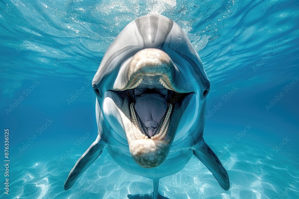 Obraz premium A dolphin with a wide open mouth swims through the crystal clear turquoise water, its teeth visible in the close-up shot
