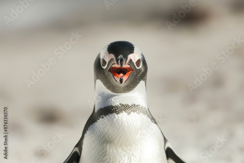 A penguin with an open beak stares intently at the camera, standing on a sandy beach