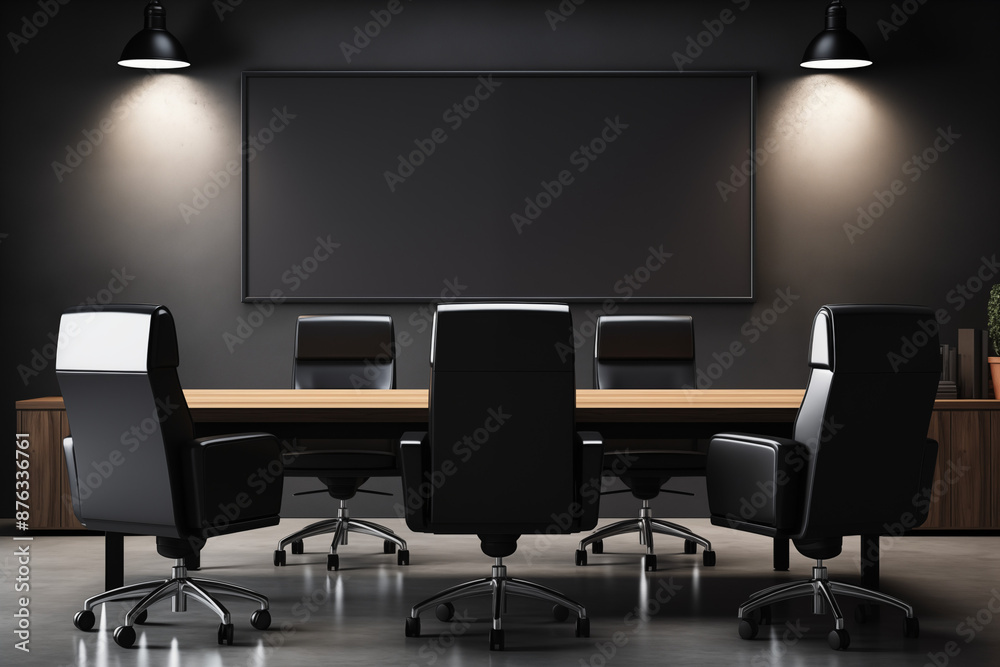 Meeting room with blank poster for mockup, interior design inspiration, trendy home decor ideas, and minimalist aesthetic Meeting room with blank poster for mockup, interior design inspiration, trendy home decor ideas, and minimalist aesthetic
