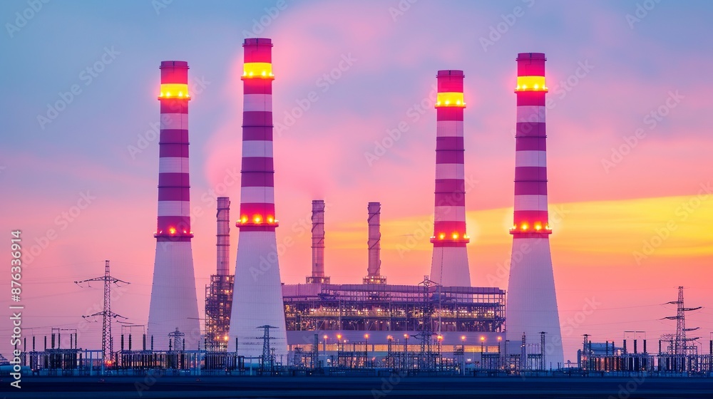 Obraz premium Illustrate the energy dynamics of urban life with images of power plants, refineries, and technological advancements shaping modern cityscapes. Clean and Clear Color, Realistic Photo, , Minimalism,