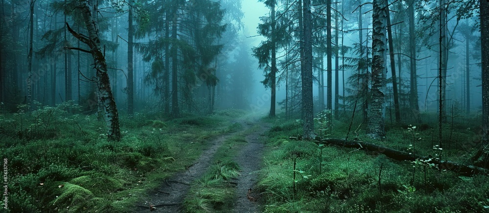 Fototapeta premium Mysterious foggy forest path with vibrant green moss and towering trees