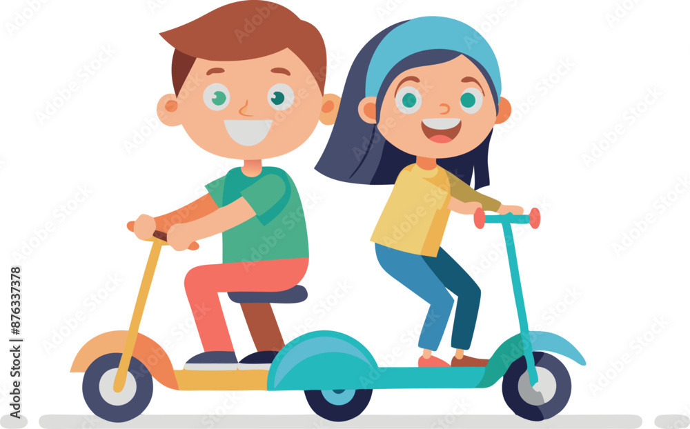 Happy Kids Riding Scooter Together on White Background Happy Kids Riding Scooter Together on White Background