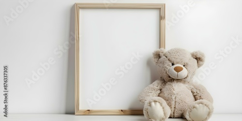 Minimalist kids room with empty wooden frame and beige teddy bear. Concept Kids Room Decor, Minimalist Design, Wooden Frame, Beige Teddy Bear, Interior Design