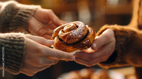 Two persons sharing freshly baked fika bun cinnamon roll topped with powdered sugar, captured in warm, cozy environment. image highlights joy of sharing delicious homemade treats.