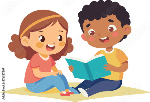Happy Children Reading Together on the Floor