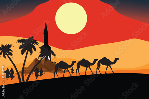 Silhouettes of camels against a desert backdrop