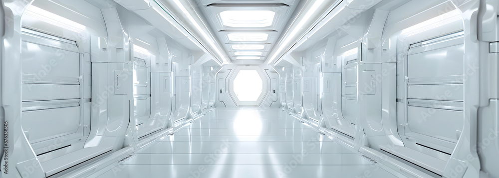 Fototapeta premium Space station sci-fi-style corridor or hallway, leading to a door design. White clean illuminated walls, ultra-modern sci-fi design