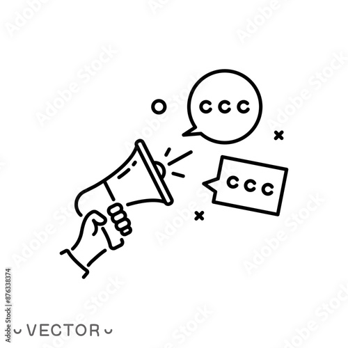 announce information icon, communication from loudspeaker, speech for public, propaganda from megaphone, thin line symbol isolated on white background, eps 10 vector