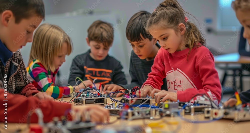 Fototapeta premium Children participating in a hands-on STEM activity in a classroom setting
