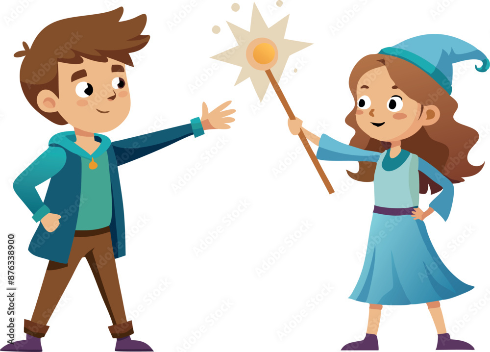 Illustration of Kids in Magical Costumes with Wand Illustration of Kids in Magical Costumes with Wand