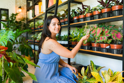 Plant lover shopping for plants in a cozy store, selecting the perfect one for her home decor among colorful flowers and houseplants