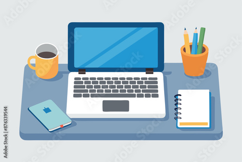 Illustration of Modern Work Desk Setup with Laptop and Accessories