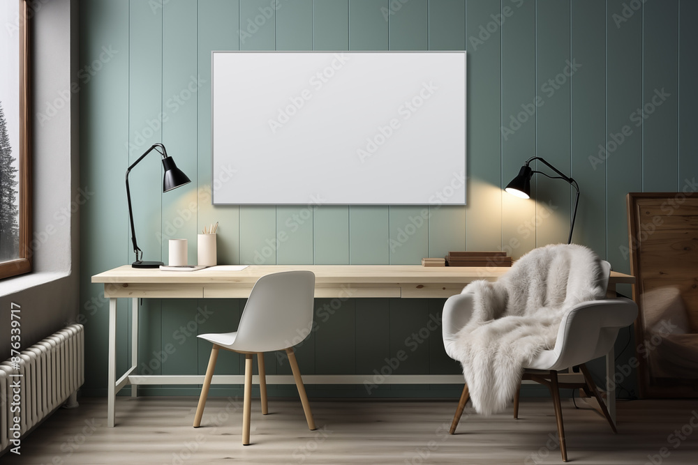 Fototapeta premium Working room with blank white poster for mockup, interior design inspiration, trendy home decor ideas, and minimalist aesthetic