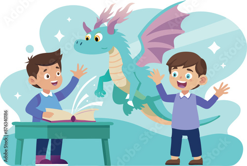 Kids Reading Book And Imagining Dragon Adventure Illustration