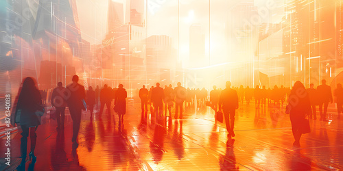 Busy professionals interacting in a modern office building. Diverse team engaged in discussions, presentations, and collaborative work. Corporate environment with a focus on teamwork and productivity.