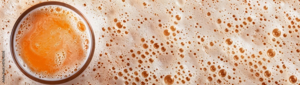 Top view of a frothy orange beverage with bubbles, creating an interesting texture and pattern. Refreshing drink in a glass on a frothy background. Top view of a frothy orange beverage with bubbles, creating an interesting texture and pattern. Refreshing drink in a glass on a frothy background.
