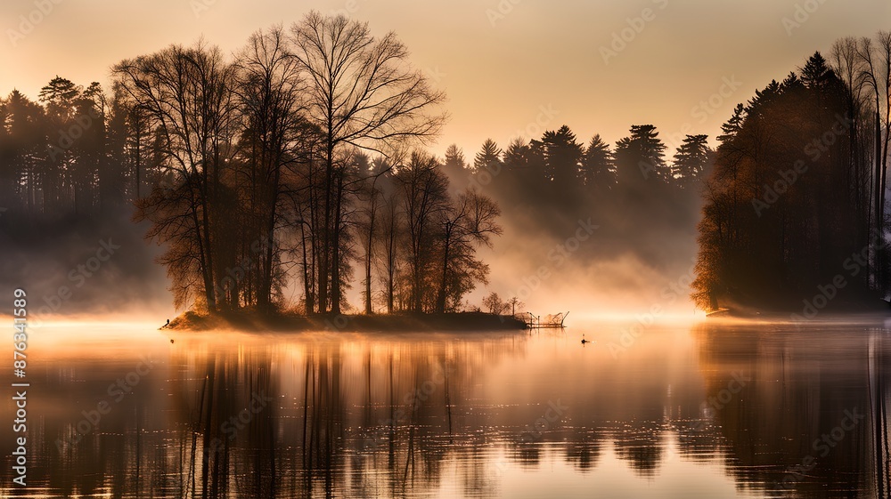 Fototapeta premium Early morning foggy lakeside, Generative AI
