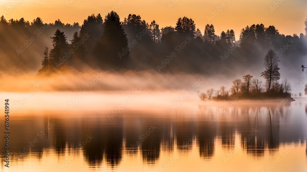 Early morning foggy lakeside, Generative AI Early morning foggy lakeside, Generative AI