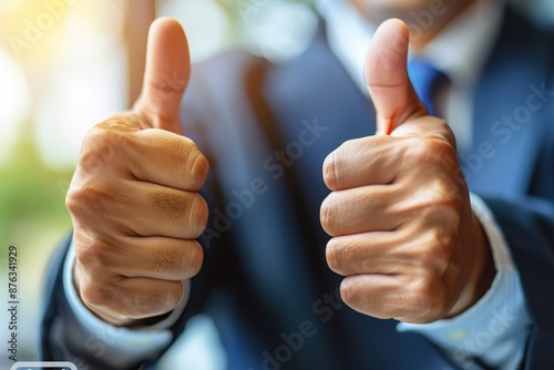 Businessman hands shows thumb up sign gesture