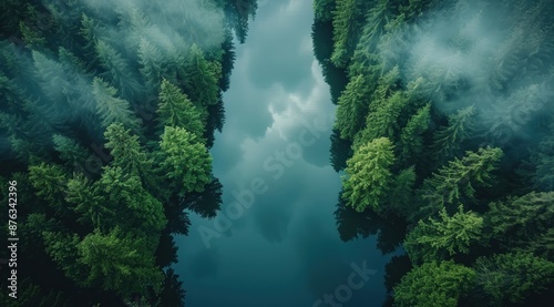 Aerial View of a Serene Forest and Lake © maretaarining