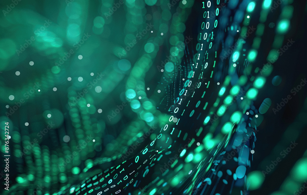 Abstract Digital Background with Green and Teal Binary Code Lights