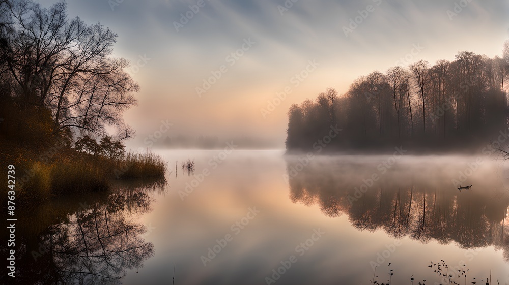 Early morning foggy lakeside, Generative AI Early morning foggy lakeside, Generative AI