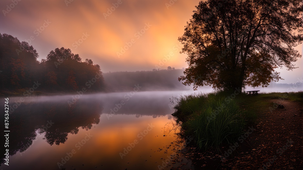 Early morning foggy lakeside, Generative AI Early morning foggy lakeside, Generative AI