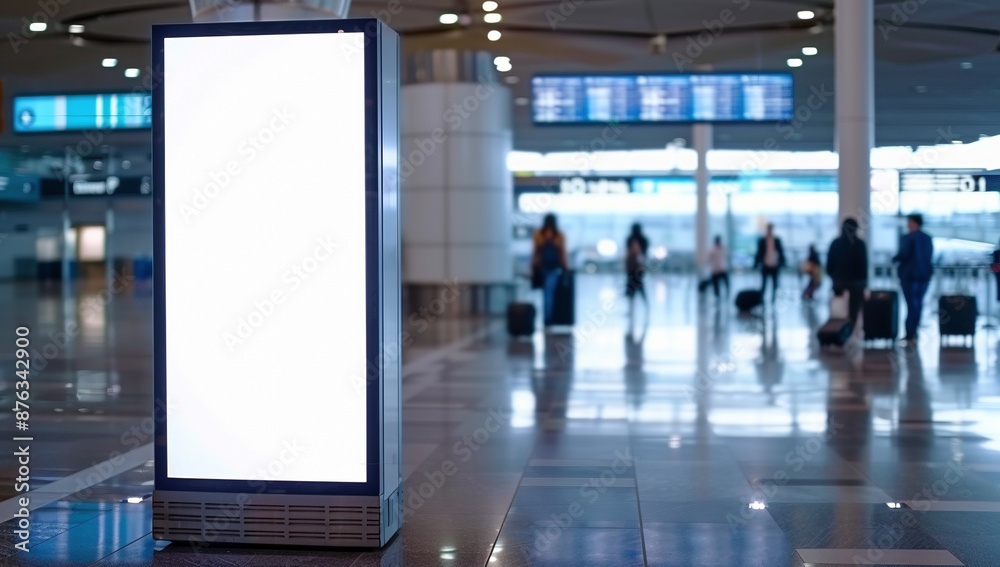 Blank Billboard at Modern Airport Terminal with Passengers Blank Billboard at Modern Airport Terminal with Passengers