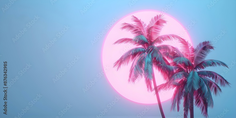 Neon tropical island sunset with palm trees in retro 80s aesthetic. Concept Tropical Island Photoshoot, Neon Aesthetic, Sunset Vibes, 80s Retro, Palm Trees Neon tropical island sunset with palm trees in retro 80s aesthetic. Concept Tropical Island Photoshoot, Neon Aesthetic, Sunset Vibes, 80s Retro, Palm Trees