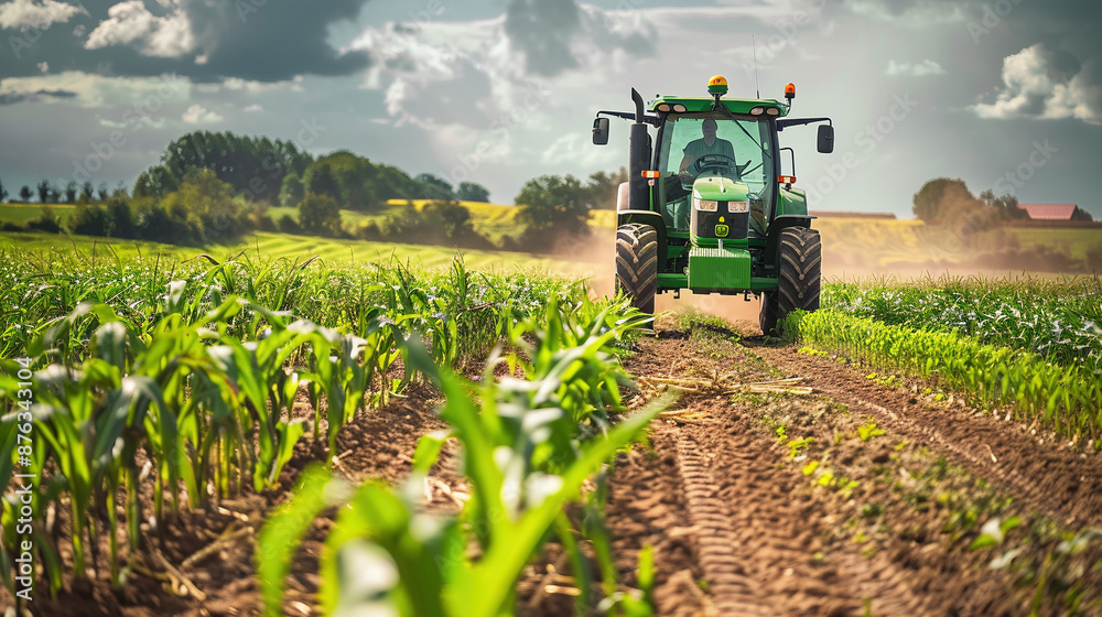 Green Tractor Working in Corn Field on a Sunny Day Green Tractor Working in Corn Field on a Sunny Day