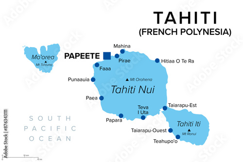 Tahiti, French Polynesia, political map. Largest island of the Windward group of the Society Islands, with capital Papeete. Overseas collectivity of France, located in the South Pacific Ocean. Vector photo
