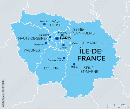 Ile-de-France, departments and prefectures of the Paris Region, political map. Most populous of the regions of France, centered on the capital Paris, located in the north-central part of the country.