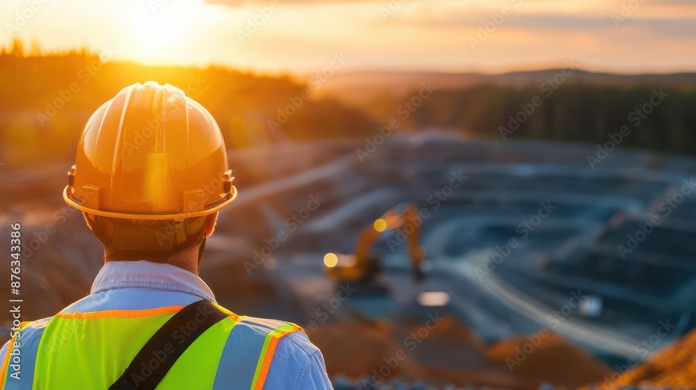 Rear view of a worker in highvisibility gear overlooking a mining operation at dusk miner industrial mining dusk machinery helmet safetygear excavation heavy equipment labor occupa Rear view of a worker in highvisibility gear overlooking a mining operation at dusk miner industrial mining dusk machinery helmet safetygear excavation heavy equipment labor occupa