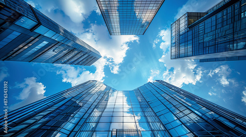 Surreal View of Modern Glass Skyscrapers Against a Blue Sky photo