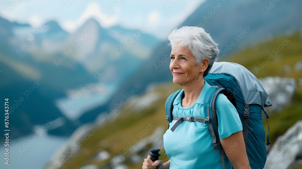 Senior woman hiking in the mountains with a backpack, enjoying the scenic view and staying active in nature. Senior woman hiking in the mountains with a backpack, enjoying the scenic view and staying active in nature.