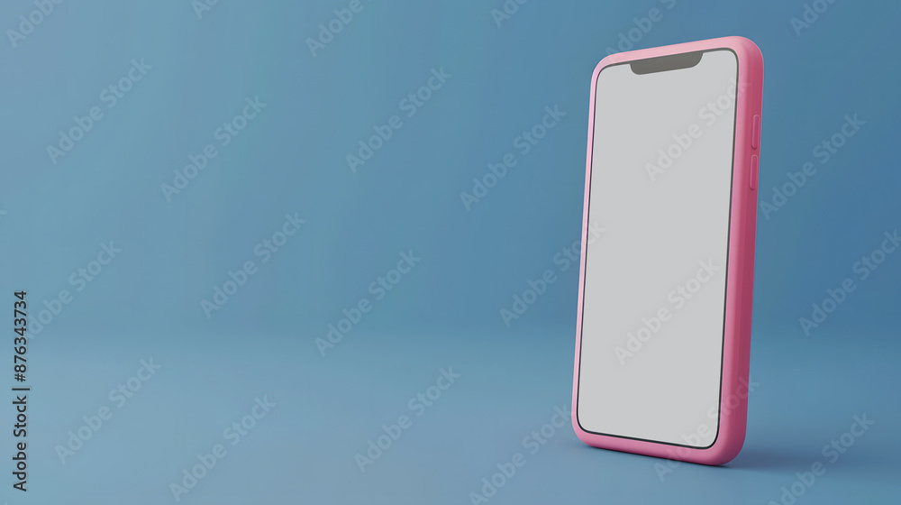 Smartphone with pink case standing against blue background. Modern mobile device with blank screen for your design or content. Smartphone with pink case standing against blue background. Modern mobile device with blank screen for your design or content.